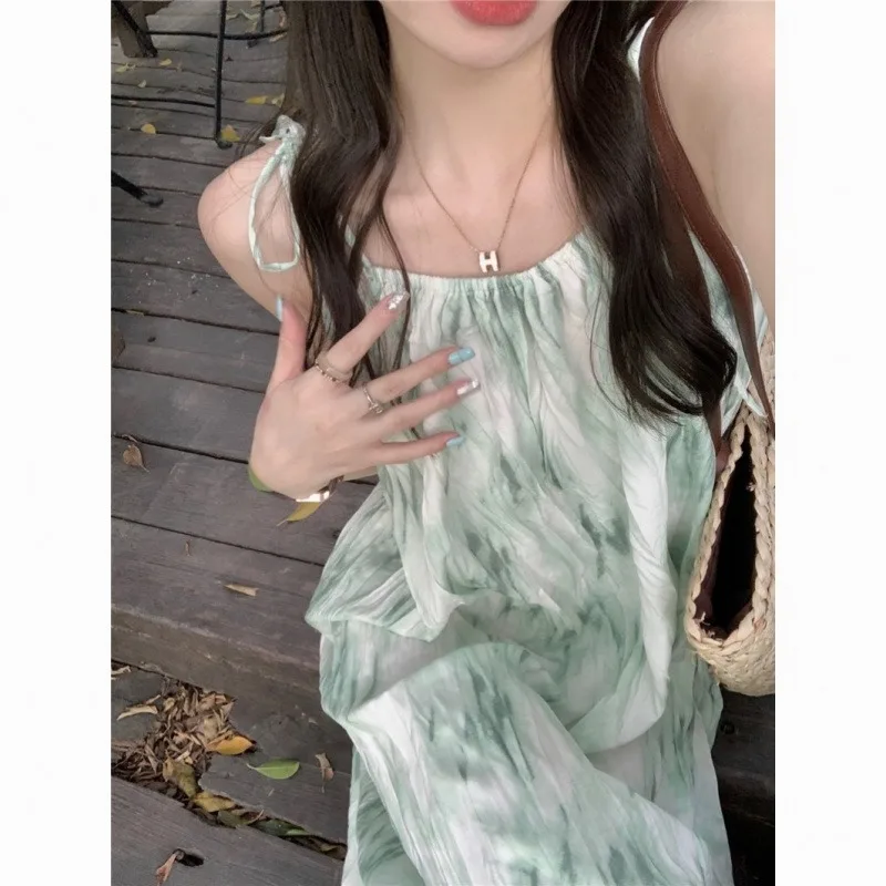 

Chic Summer Dress Women's Midi Length Strap Loose Print Dresses Korean A-Line Long Dresses Bohemian Vestidos Y2k Платье 원피스