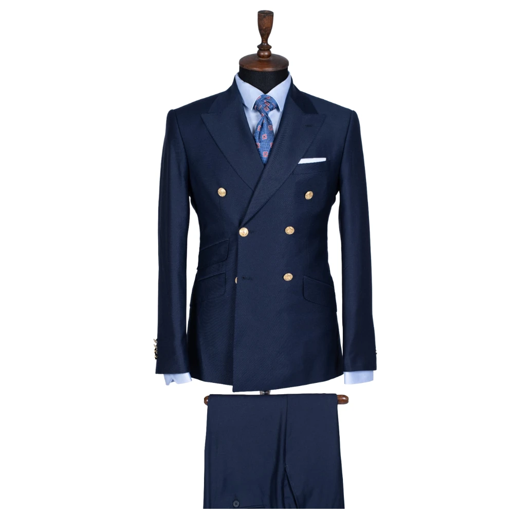 

Double Breasted navy blue Men Suits Slim Fit Peak Lapel Wedding Tuxedo Tailored Groom Wear 2pieces jacket+pants