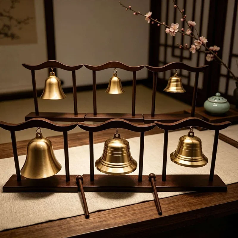 DSA Buddhist Objects Brass  Bells Wooden Seat Bell Hanging Wind Chimes Bells Zen Home Crafts Ornament Meditation