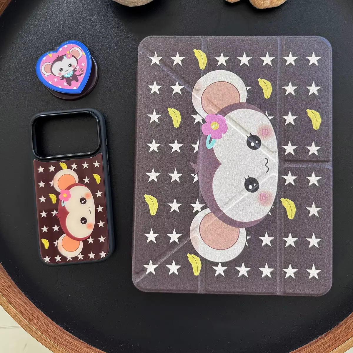 Brown Kawaii Monkey Pink Flowers Tablet Case For iPad Pro 13 11th A16 12.9