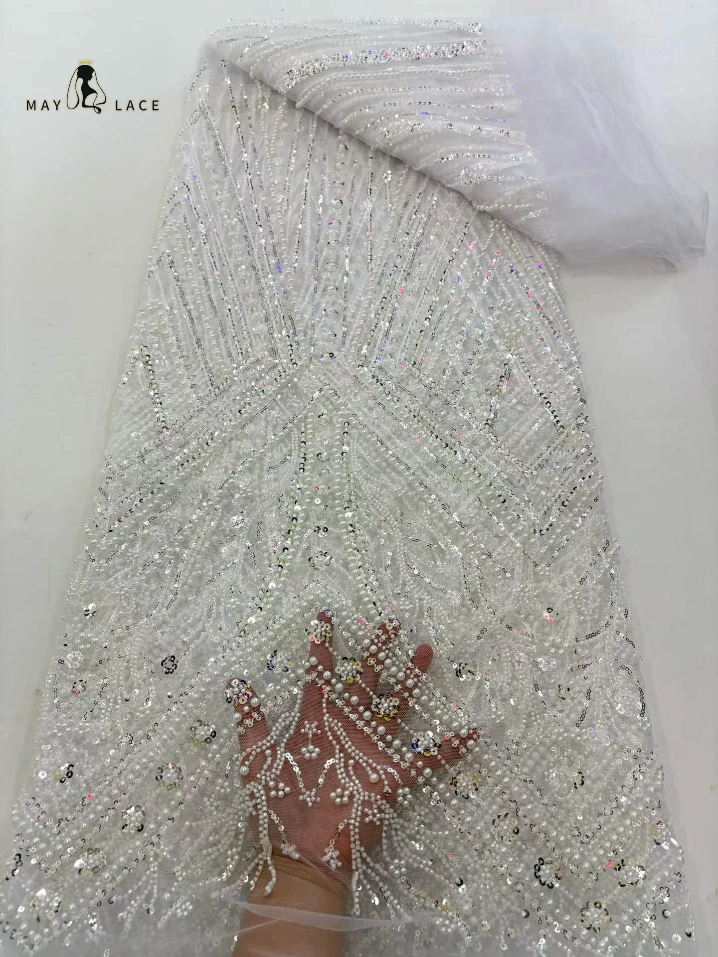 

Luxury African Beaded Lace Bridal Fabric 2026 High Quality French Nigerian Sequins Tulle Material Ladies Wedding Party Dresses