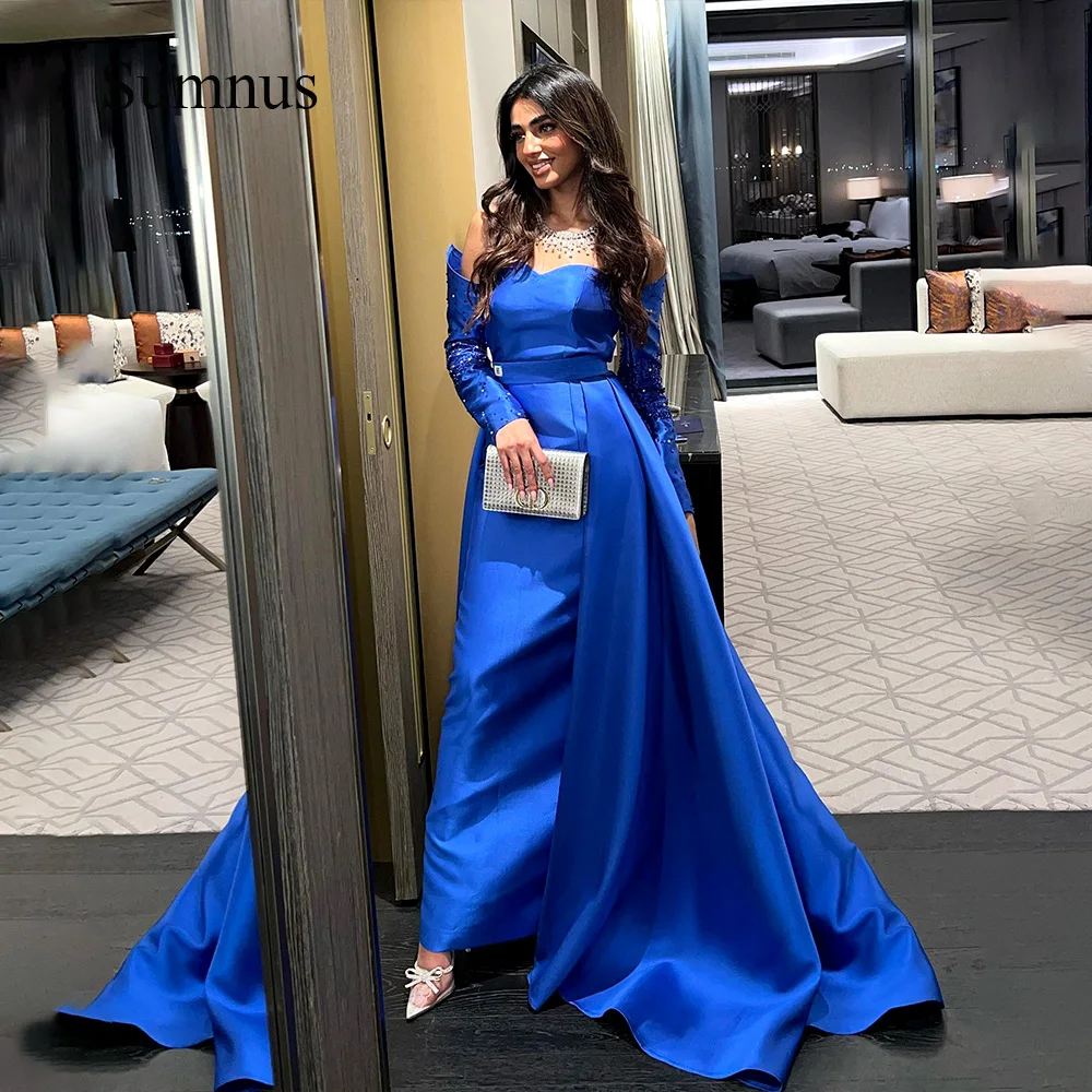 

Sumnus Royal Blue Mermaid Arabia Evening Dresses Beads Long Sleeve Sweetheart Mono Satin Dubai Formal Gowns Detachable Train