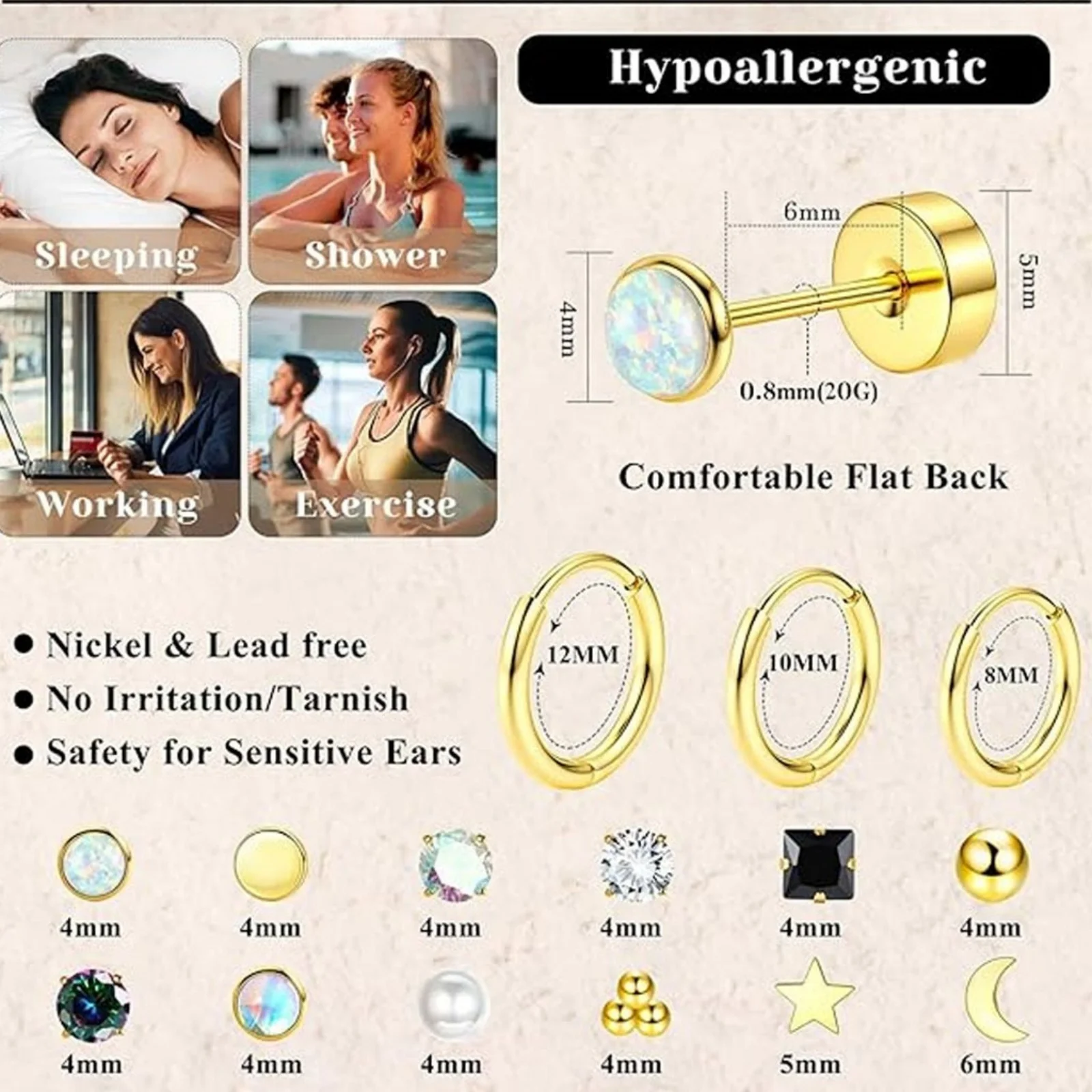 1Set Simple Stylish Stainless Steel Earrings Set Round Multicolor Round Heart Moon Star Rhinestone Stud Earring Unisex Jewelry