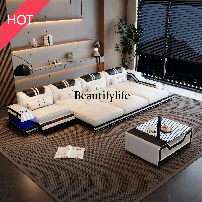 A49 Convertible Genuine Leather Sectional Sofa Bed with Electric Recliners, Storage, Adjustable Headrests, Speakers, USB & LED L