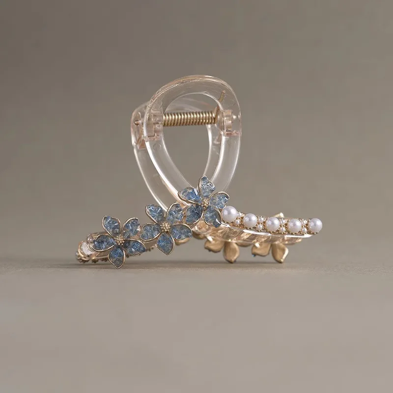 

Forest Style Light Luxury Crystal Flower Pearl Hair Grip High-end Womens Half-tied Hair Claw Temperament France Hair Accessories