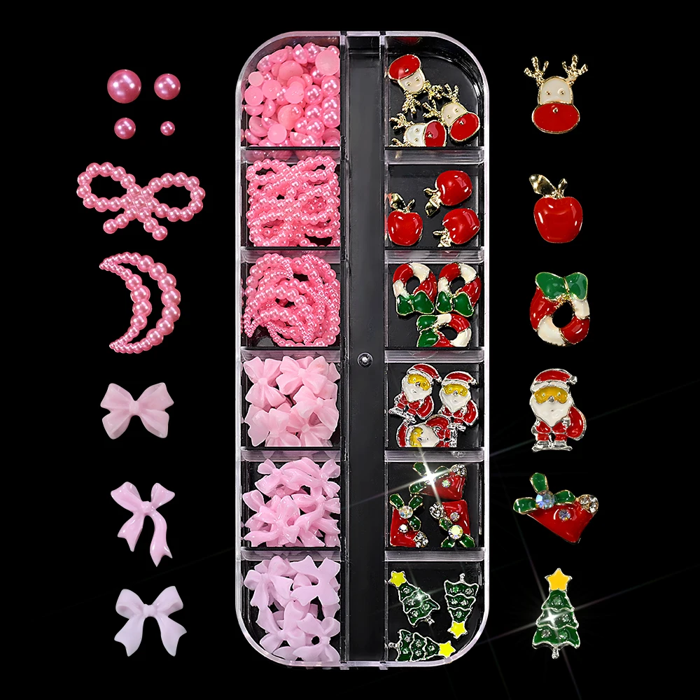 12 grilles 3D métal wapiti père noël couronne noël ongles breloques mignon résine rose arc lune perles ongles strass noël ongles bijoux