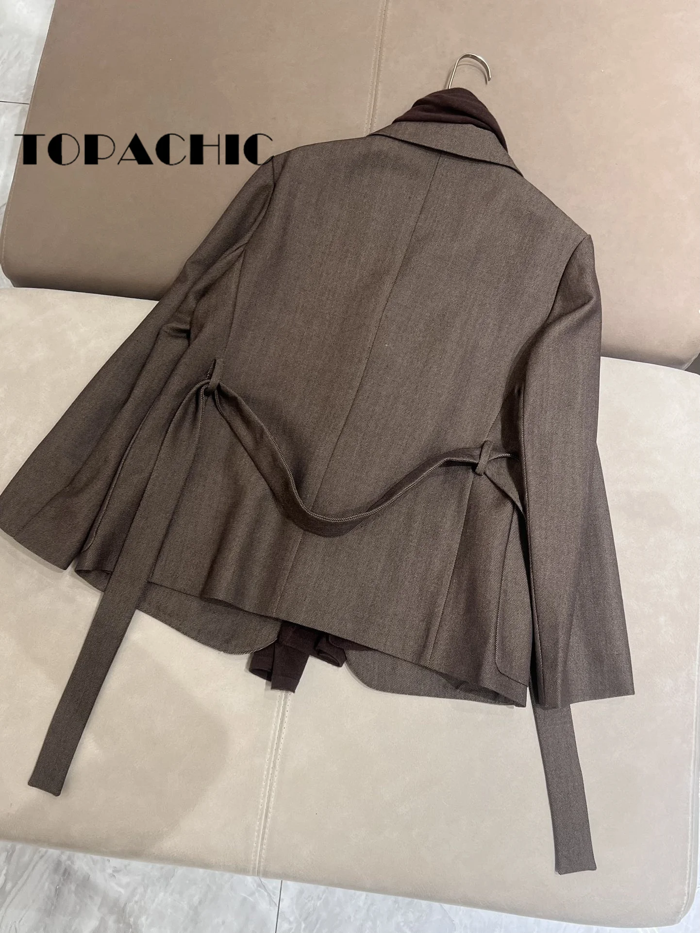 8.23 TOPACHIC-Women High Quality Wool Knit Scarf Decoration Blazer Lapel With Sashes Big Pocket Loose Jacket