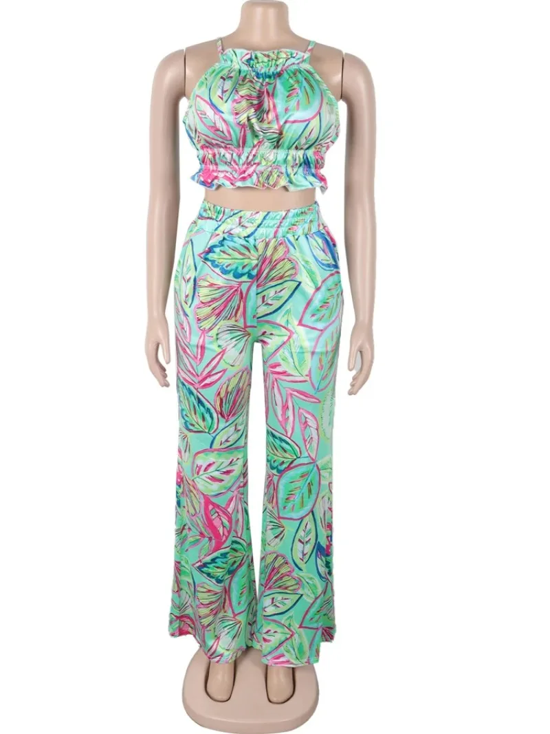 

2025 Summer Leaf Printed Women's Set Sexy Crop Camisole and Wide Leg Pants 2 Piece Sets Vacation Y2K Streetwear S-XXL