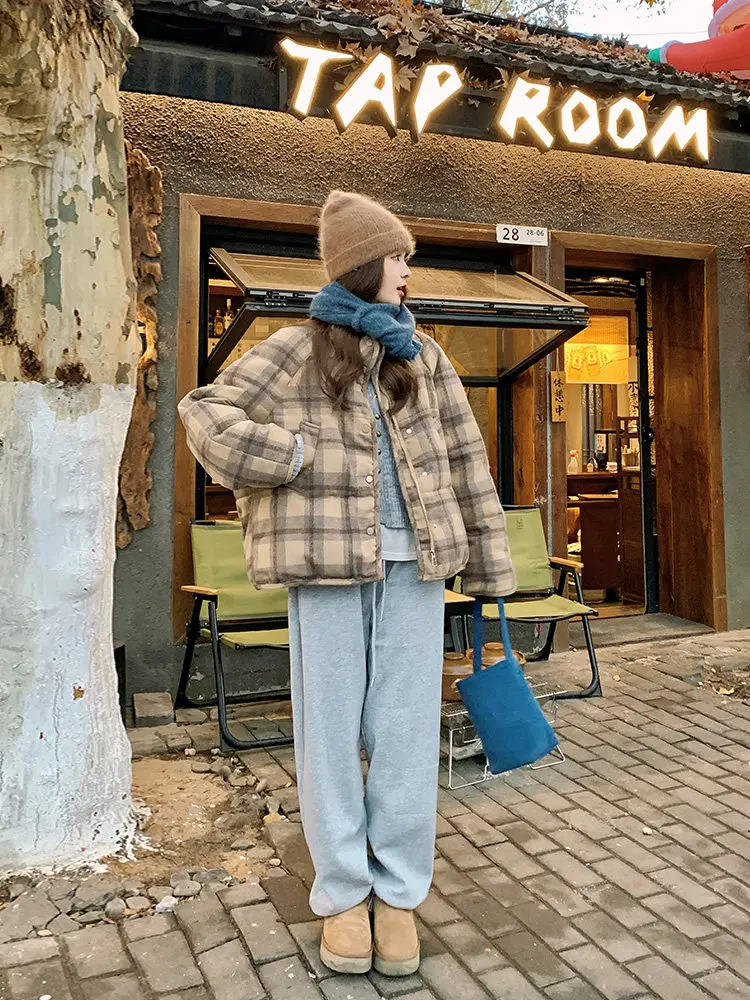 Retro Plaid Short Padded Jacket for Women Autumn Winter Maillard Style Thick Warm Outerwear Female Casual Korean Puffer Jackets