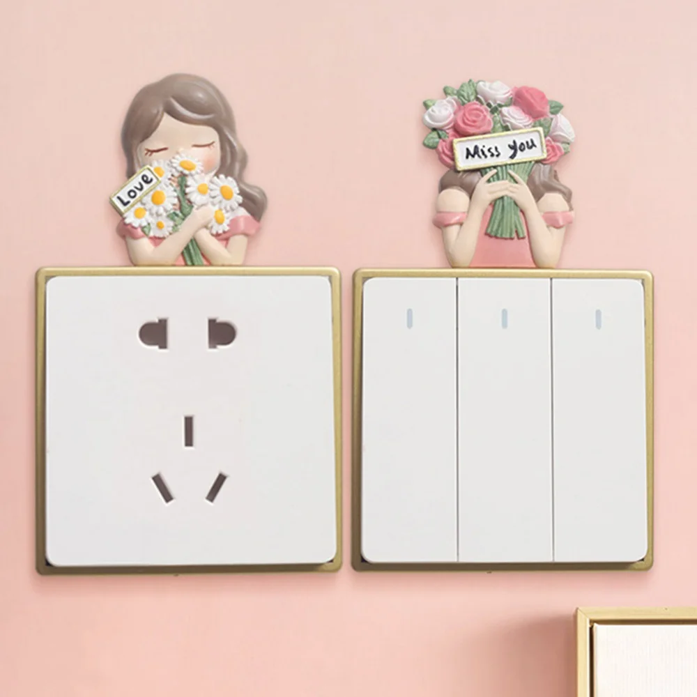 Pegatina de interruptor de resina de hadas de flores en miniatura 3D, pegatinas de pared de enchufe de luz, calcomanías de adorno de dormitorio, decoración del hogar