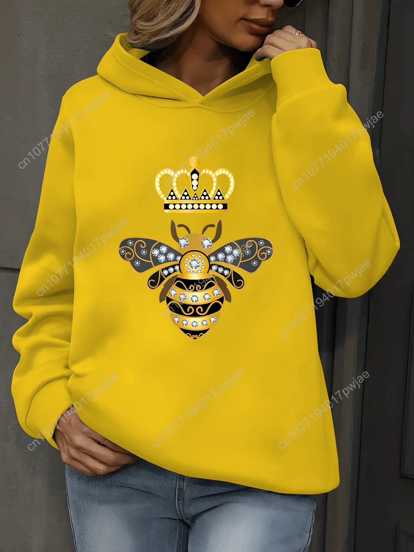 Moletom com capuz com estampa de abelha e coroa, moletom casual de manga comprida para outono e inverno, roupas femininas