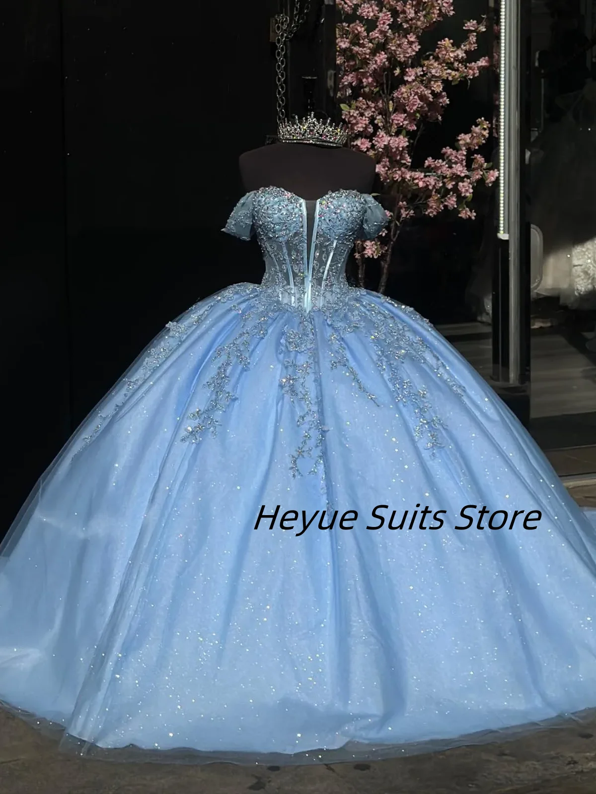 

Customized Princess Blue Prom Dresses Ball Gown Quinceanera Sequined Tulle Off-Shoulder Formal Dress Gowns tidos de novia