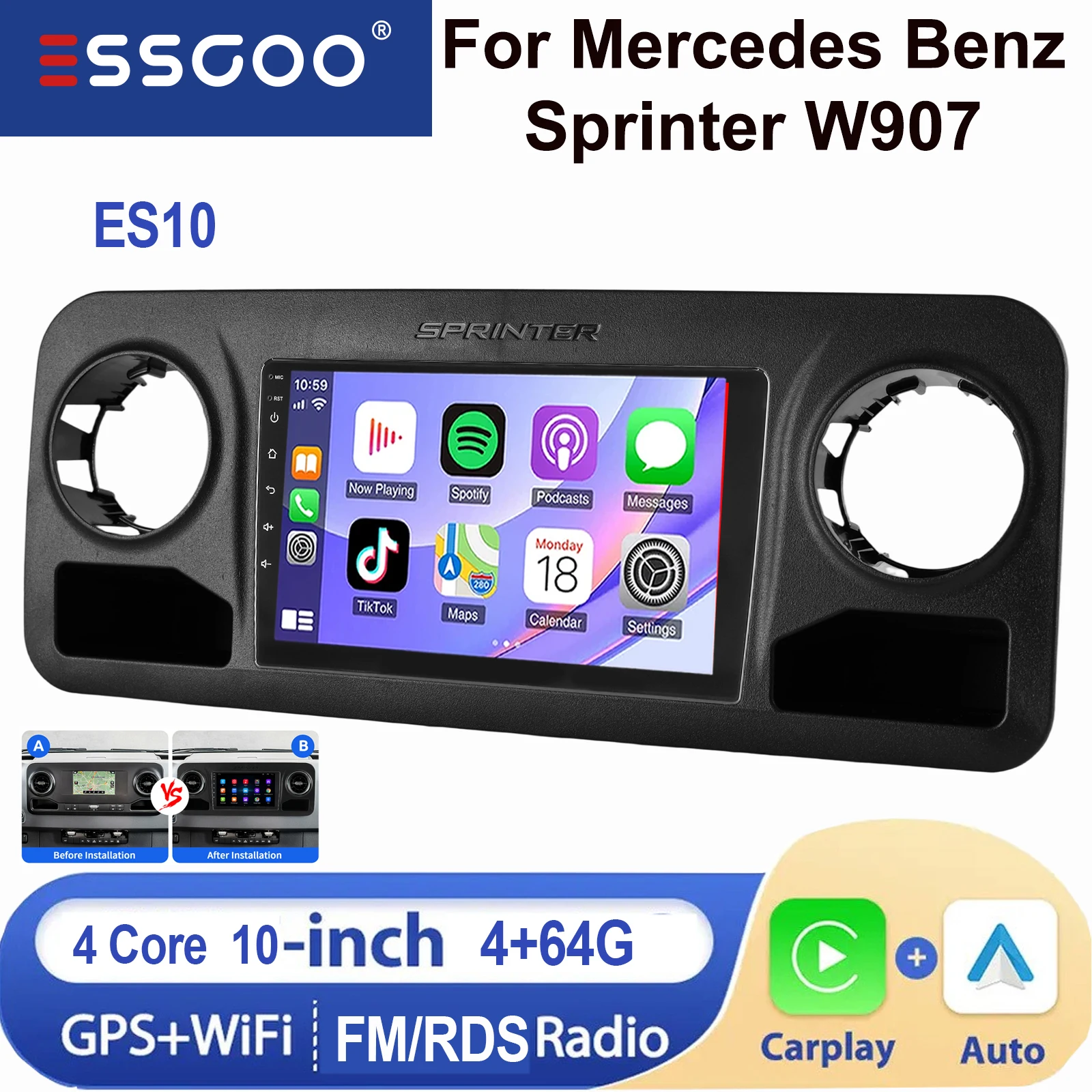 ESSGOO Android 15 IPS Touchscreen 10 Inch Voor Mercedes Benz Sprinter W907 2018-2023 Apple CarPlay Android Auto Draadloos Autoradio GPS Navigatie WIFI Stuurwielbediening RDS Bluetooth FM USB Spiegel