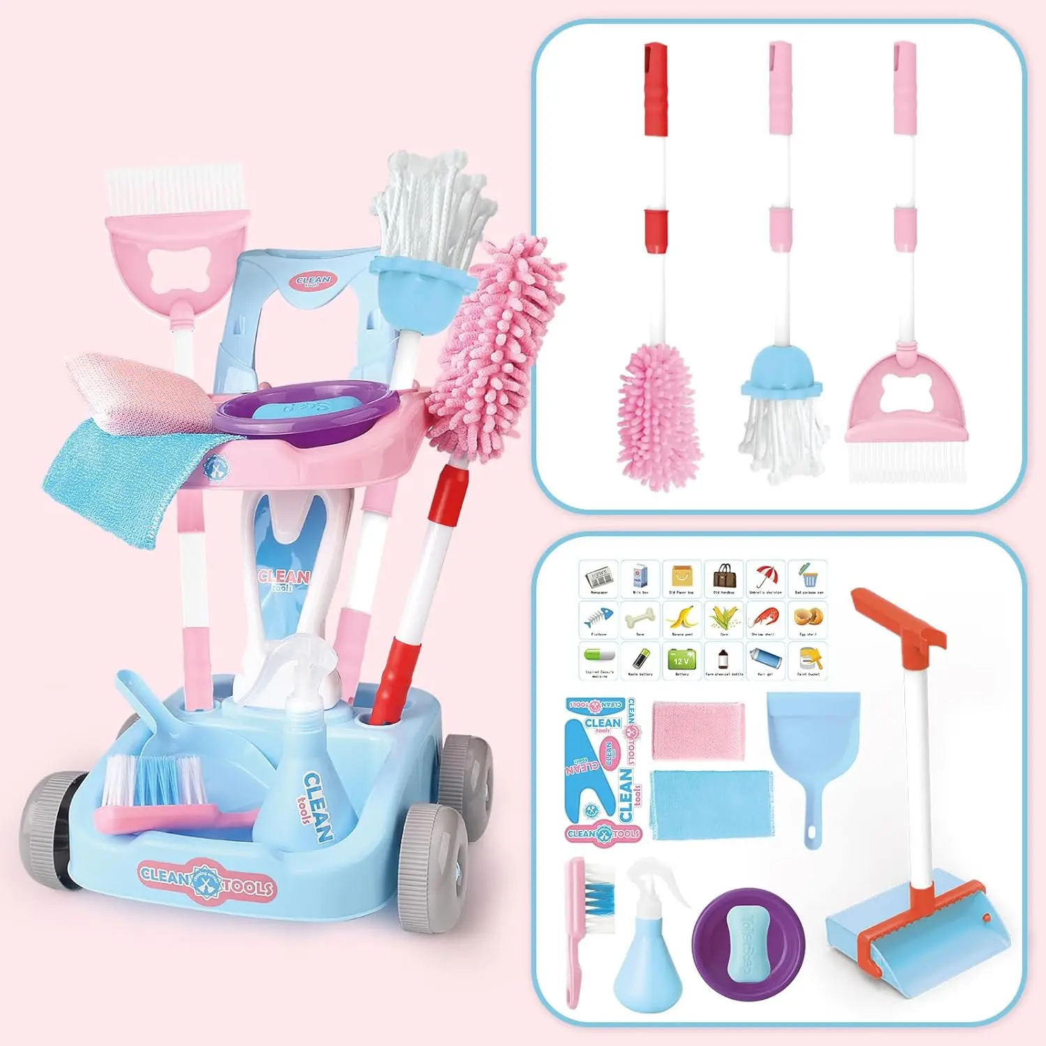 Giocattoli per bambini Set per la pulizia Bambini Giochi di finzione Pulizia della casa Playset Scopa Paletta Mop Spolverino Strumenti per la pulizia Giocattoli per ragazzi Ragazze