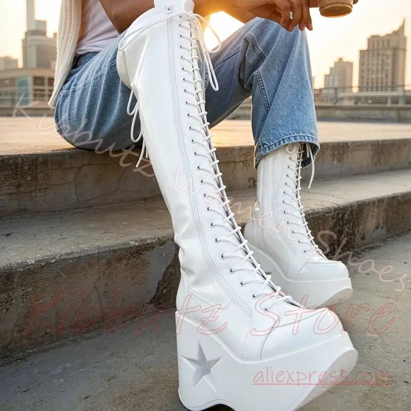 Star Wedge Platform Boot Over The Knee Full Lace Up Side Zipper Y2K Goth Womens Sexy Elegant Fashion Shoes Leather Mixed Color