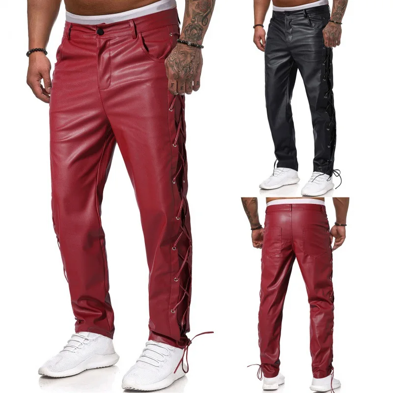 

2024 Men's New Solid Color Pu Binding Band Casual Leather Pants