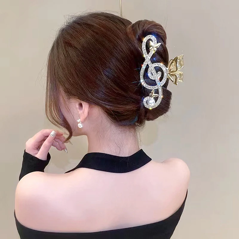 Elegante Haarspangen in Musiknotenform für Damen, luxuriöser Strass-Dekor, Pferdeschwanz-Klauenclip, Accessoire für Mädchen, Kopfschmuck-Accessoire – Detail 1