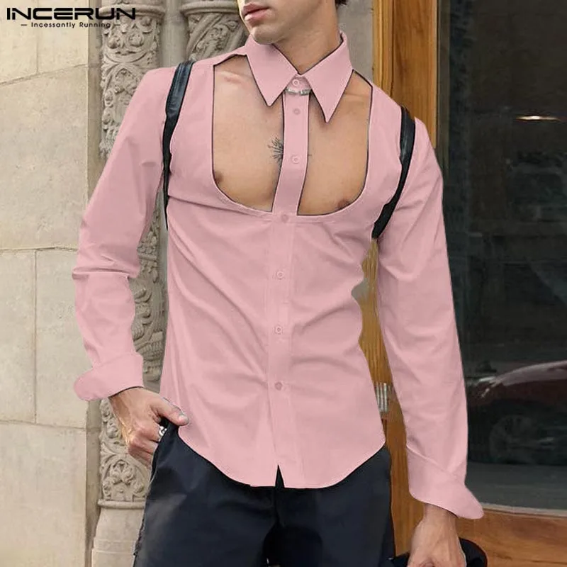 

INCERUN Men Shirt Solid Lapel Long Sleeve Hollow Out Button Casual Men Clothing Streetwear 2024 Personality Sexy Fashion Camisas