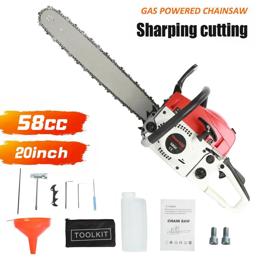 2.4KW 1 Set Gas Chain Saw, Gas Powered 58 Cubic Centimeter Wood Chainsaw, Rust Resistant U-Shaped Handle Chain Saw, 13000r/Min