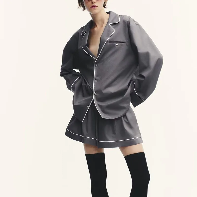 Setelan Wanita Musim Gugur Terbaru, Atasan Panjang dan Celana Pendek Kasual, Model Pinggang Sedang, Dua Potong untuk Dewasa