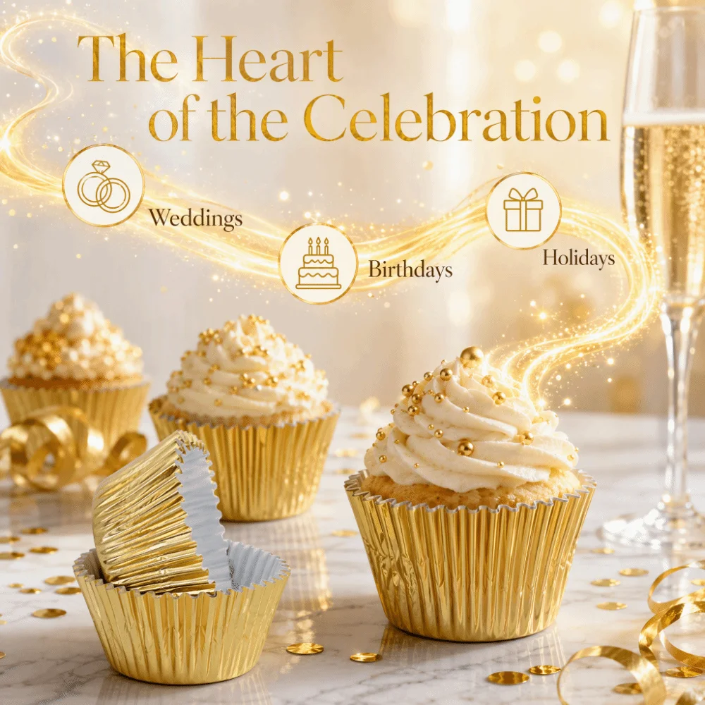 200PCS Aluminum Foil+Paper Cupcake Liner Greaseproof Gold Silver Foil Baking Cup PVC Storage Tube Cupcake Wrapper