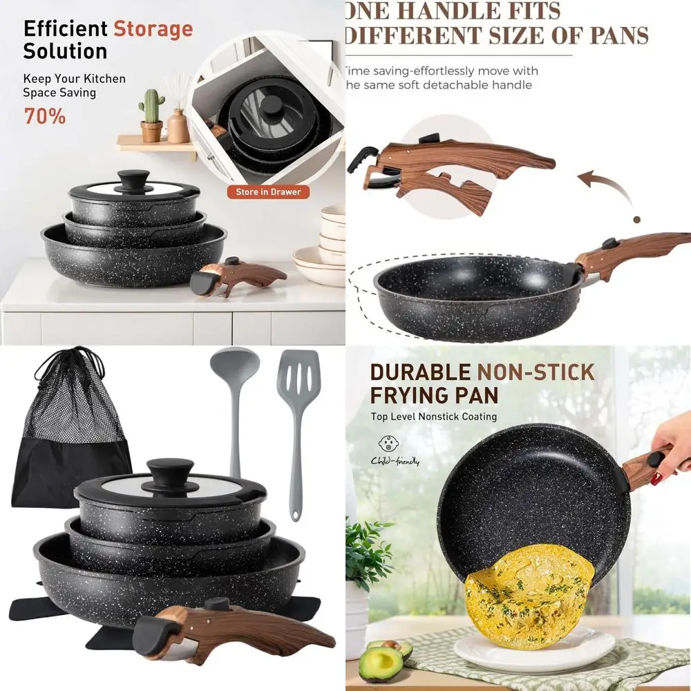 

Non-Stick Detachable Handle Cookware Set, 10-Piece Kitchen Pots and Pans, RV-Friendly, Oven Safe, PFAS-Free, Black
