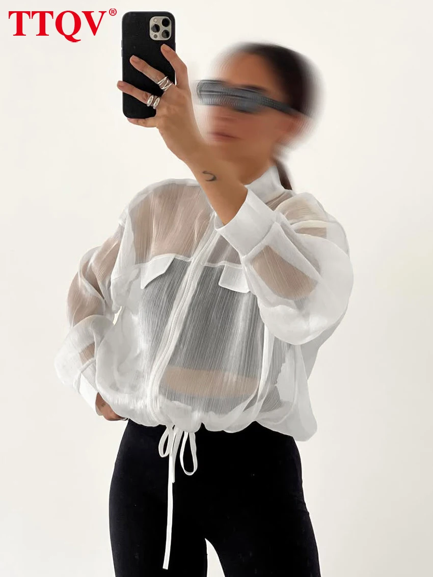 TTQV Fashion Loose White Women Blouse 2027 Spring Stand Collar Long Sleeve Lady Shirt Elegant Classic Zipper Top Female Clothing 2