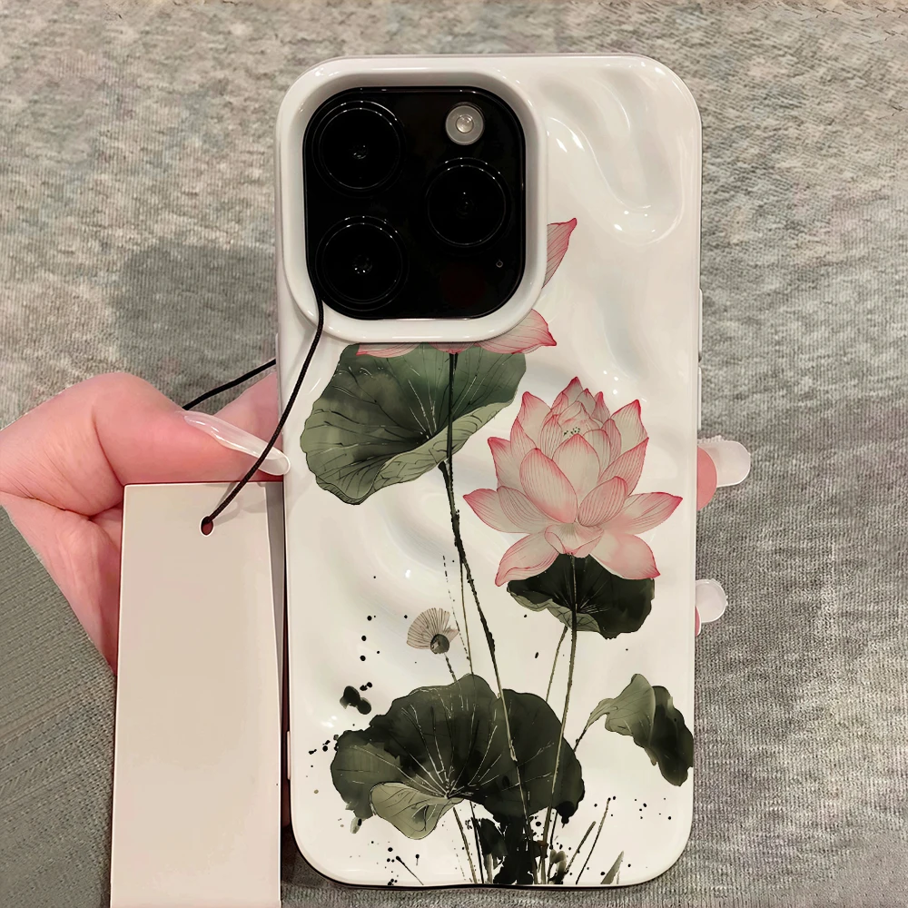 Koreanische Frühlingslotus-Druck-Handyhülle für iPhone 17 16 15 14 13 12 11 Pro Max 14 Plus 17Air Faltenwellen-Soft-Silikonhülle – Detail 12