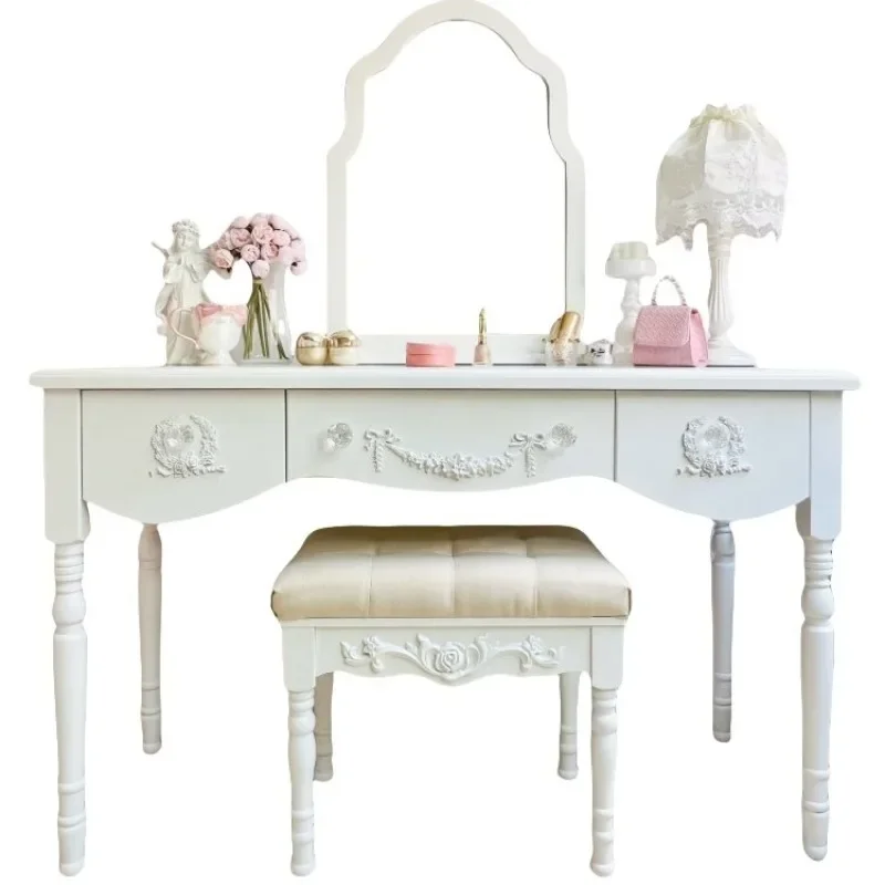 Dressing table, French small apartment, solid wood makeup table, European style girly heart makeup cabinet, princess style dress
