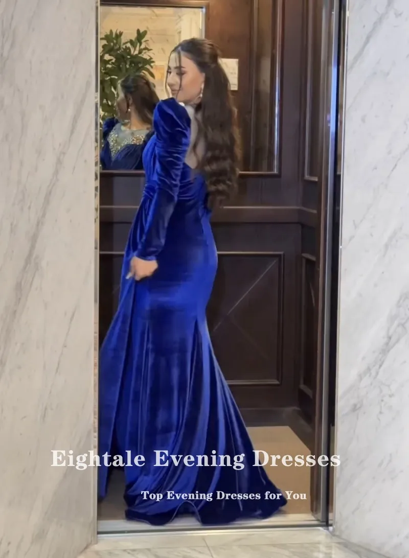 Eightale Luxury Evening Dress Crystals Beaded Long Sleeves Velvet Mermaid Prom Gown Wedding Party Dress Vestidos De Gala