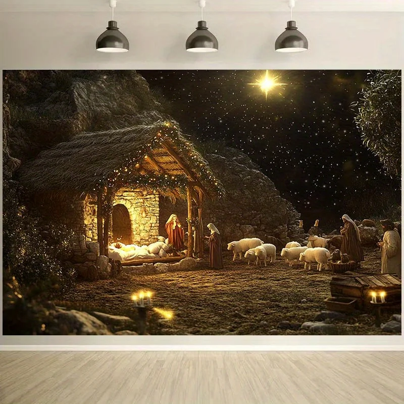1pc Nativity Scene Tapestry - Starry Night Christmas Manger with Mary, Joseph, Shepherds & Lambs - Polyester Fabric Indoor Relig