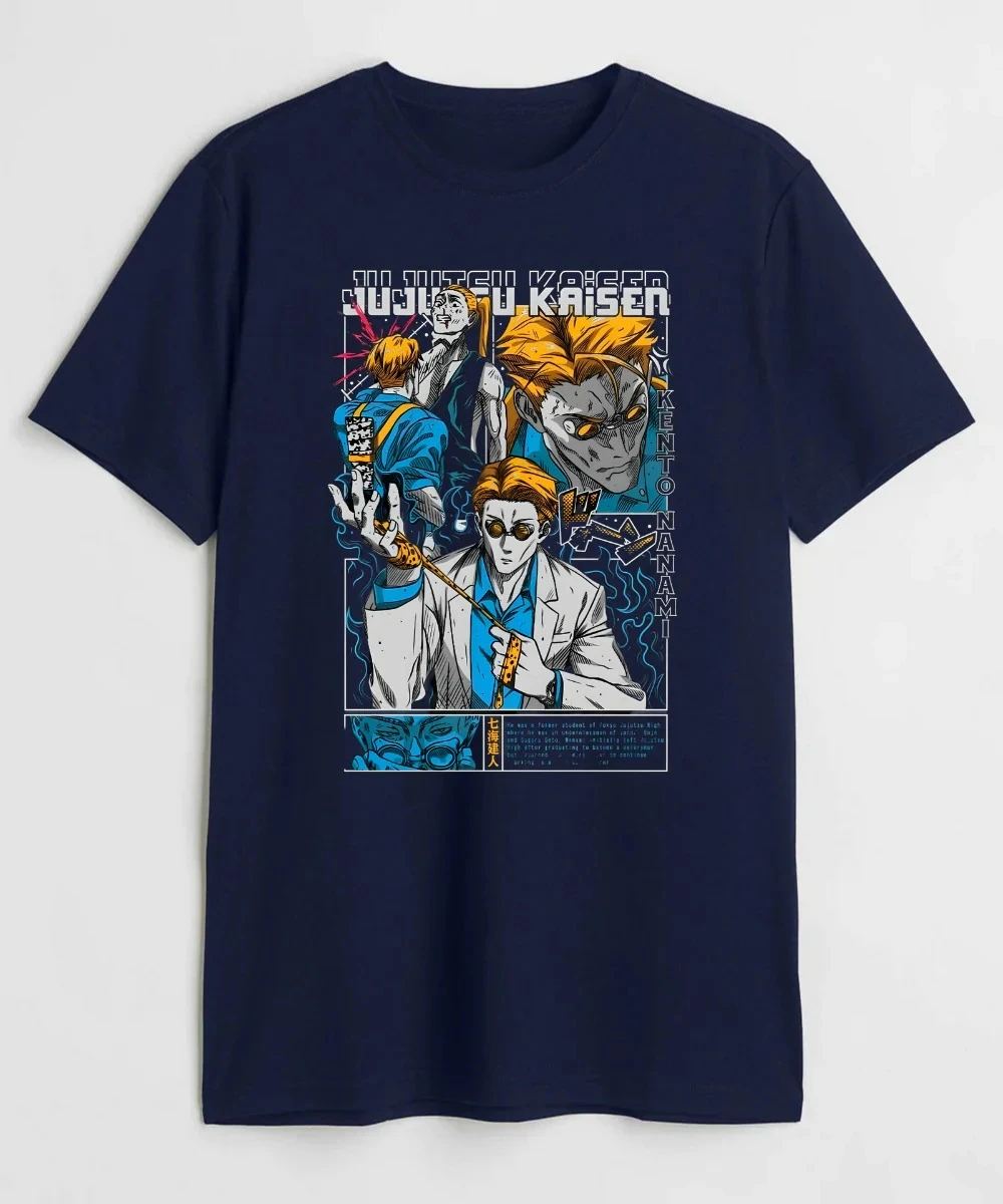 Koszulka graficzna z postaciami anime Jujutsu Kaisen: Satoru Gojo, Kento Nanami, Toji Fushiguro, męska odzież uliczna na lato 2025, czarna, bawełna.
