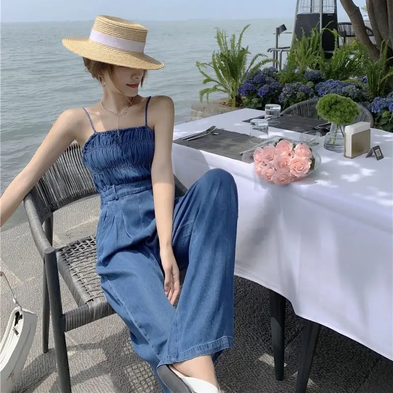 Women's 2024 New Summer Denim Romper Camisole Slimming And Fashion Korean Style Wide Leg Long Pants Corset Jumpsuit For Women