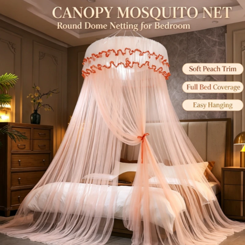 Elegant Princess Dome Mosquito Net with Lace Trim, Ceiling-Mounted for 1.5m/1.8m Beds, No Installation Needed, Soft Mesh