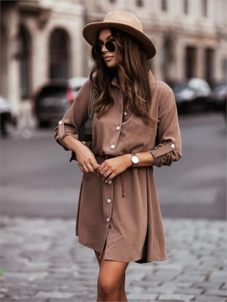 

Women's Clothing 2024 Summer New Item Solid Color Belt Button Long Sleeved Fashionable Single Breasted Dress With Pockets