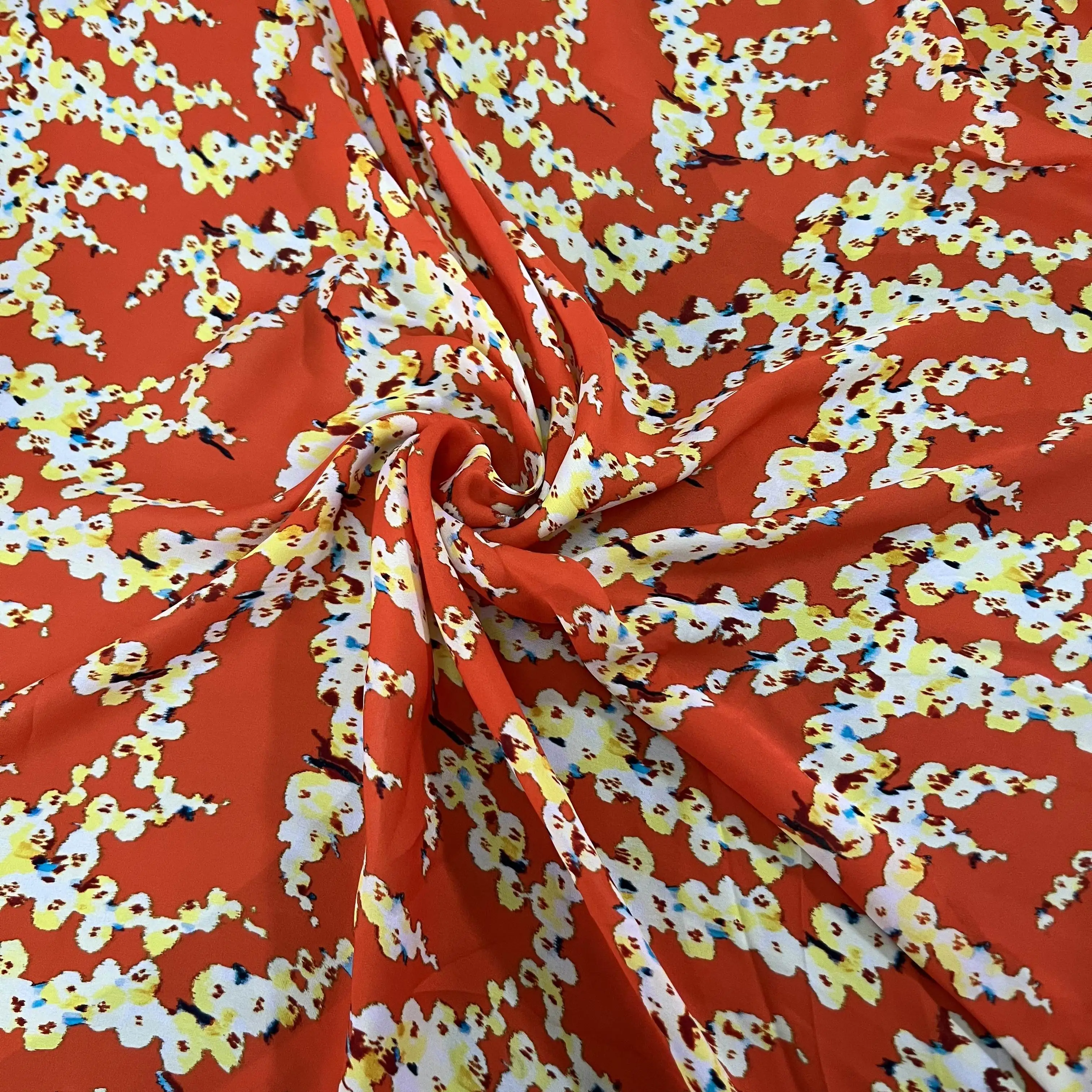 

1 meter 100% Mulberry Silk 18 momme Heavy Silk Fabric Orange Small Floral Printed 140cm 55" wide by the yard XX360