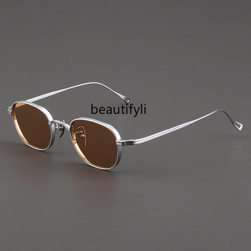 Women's Pure Titanium Sunglasses Retro Ultra-Light Small Frame Glasses Brown Sunglasses