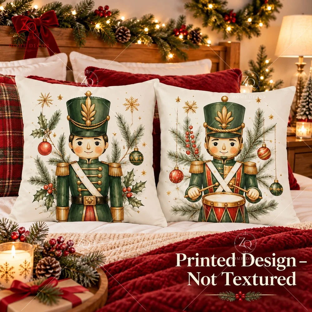 Christmas Nutcracker Pillow Cover 2D Flat Printed Peach Skin Throw Pillowcase Toy Soldier Cushion Cover Sofa Couch Home Decor