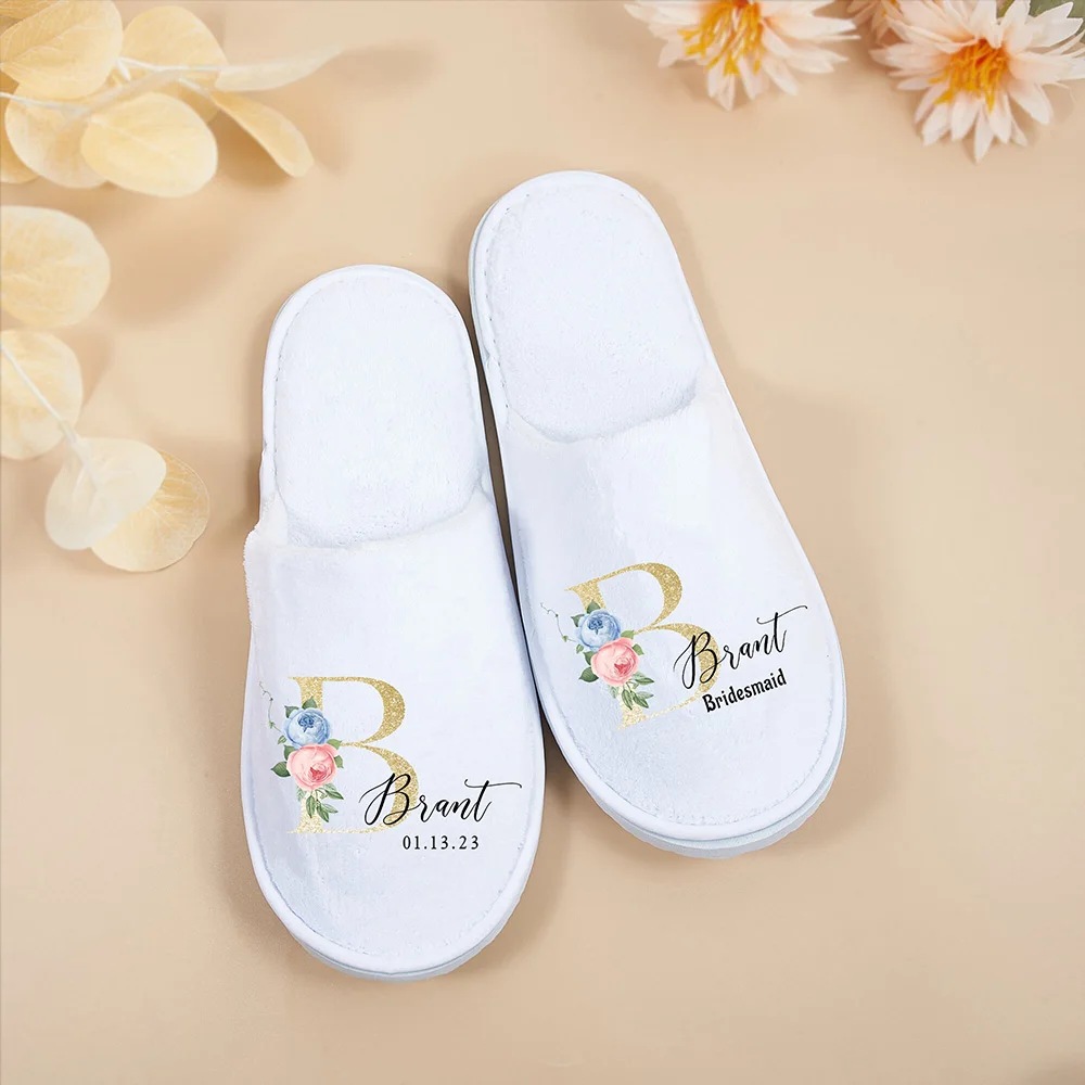 Custom Bride Maid of Honor Floral Slippers Bridesmaid Gift Spa Open-Toed Slippers Bridal Shower Party Favors Wedding Supplies