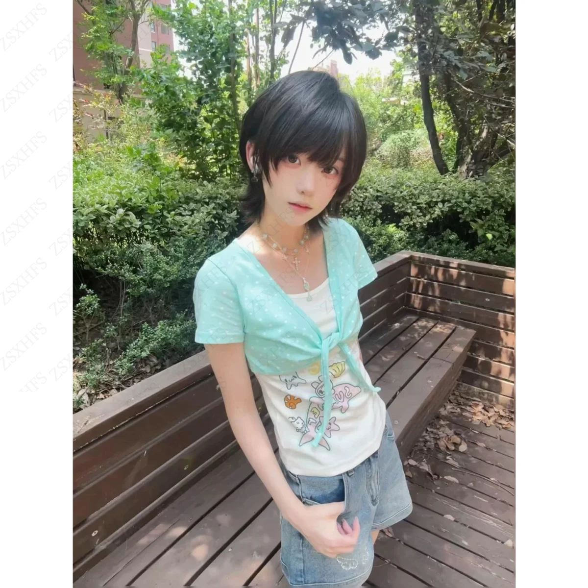 Mint green Polka Dot Cartoon Printed Fake Two-piece Top Lace Up short sleeved T-shirt For Women In Summer Slim Fit And Slimming