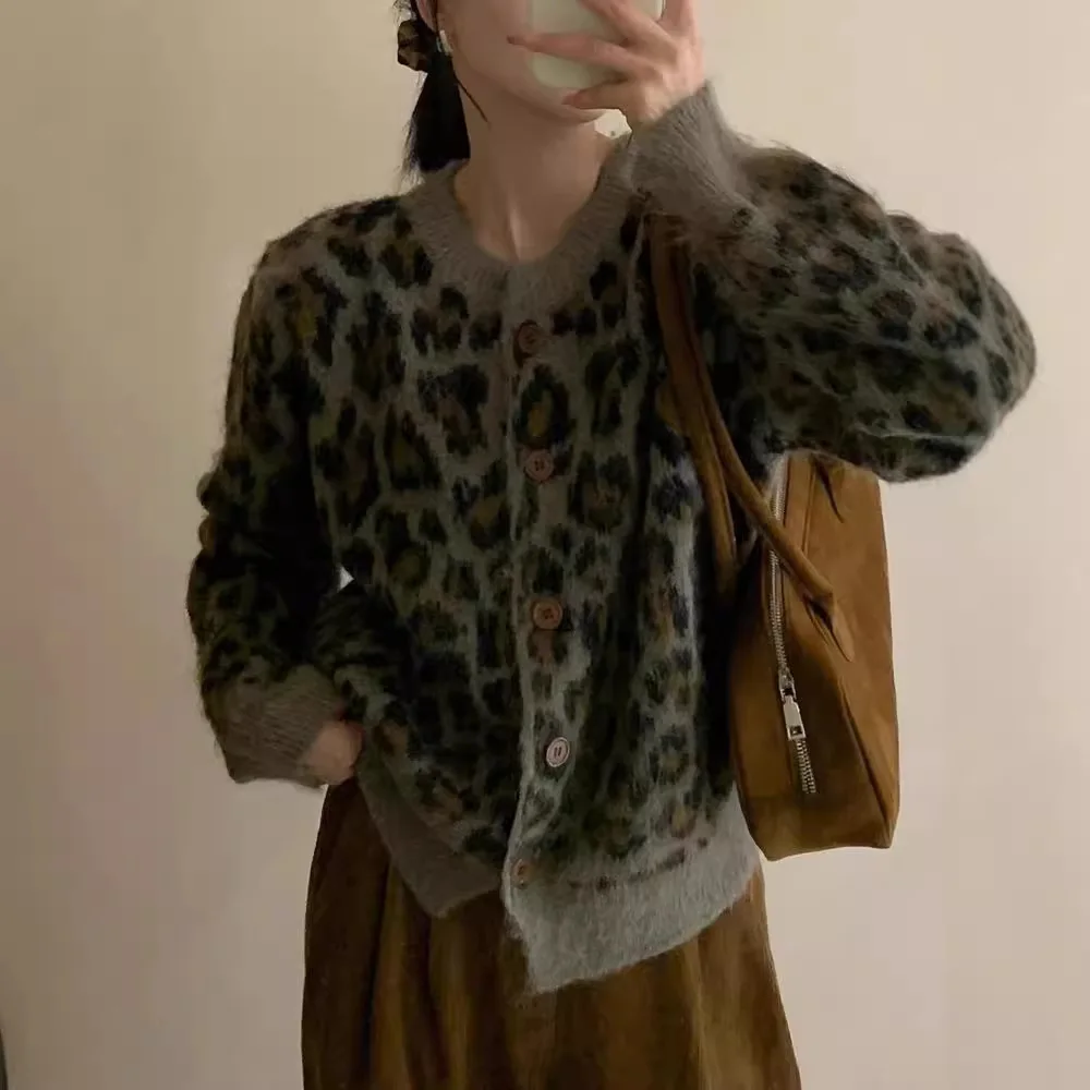 Осенне-зимний вязаный свободный свитер в стиле ретро с леопардовым принтом, свободный верхний кардиган