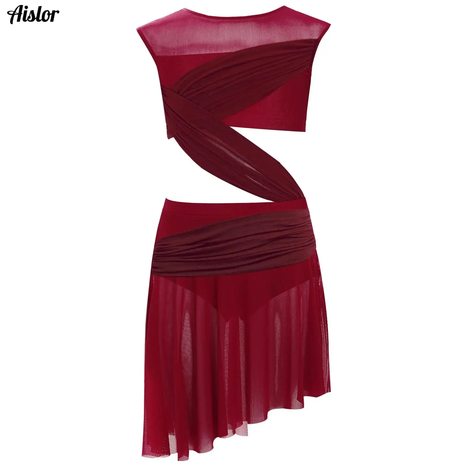 

Kids Girls Contemporary Lyrical Dance Dress Sleeveless Sheer Mesh Patchwork Asymmetrical Hem Leotard Dresses Ballet Dancewear