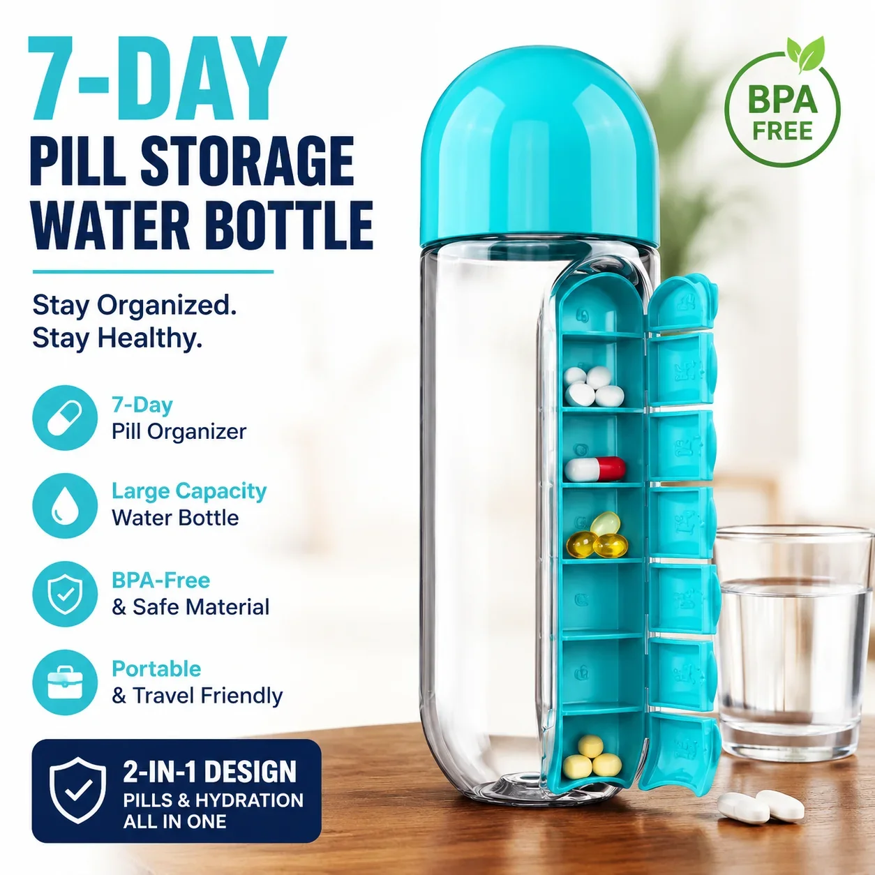 Multi Functional 2-in-1 Water Cup Medicine Box, 7-day Medicine Box, Outdoor Portable Water Bottle Medicine Box Cup