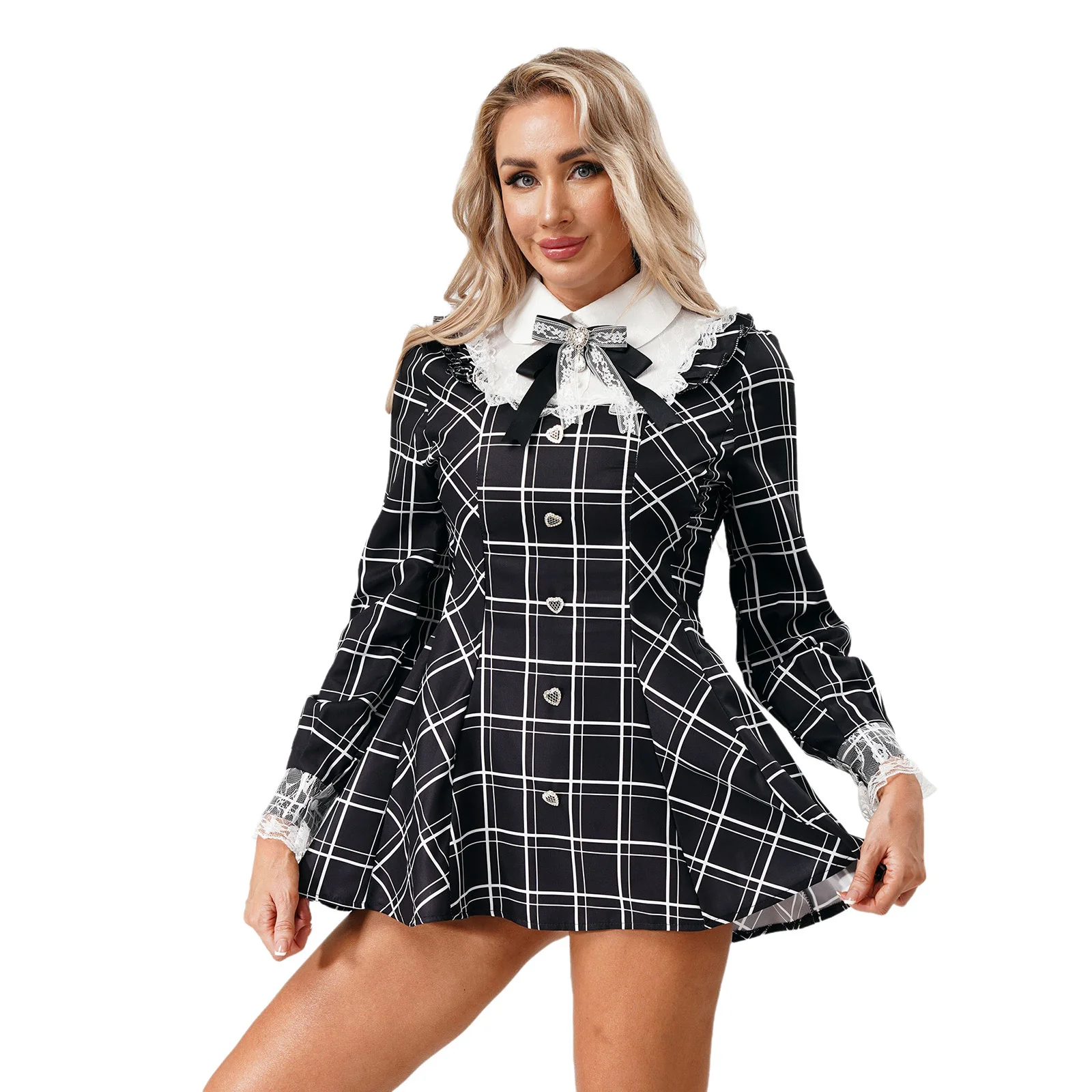 

Women Girls Japanese Student College-style Dress Long Sleeve Lace Plaid Belt Exquisite Design Dress with Bow Tie for Photography