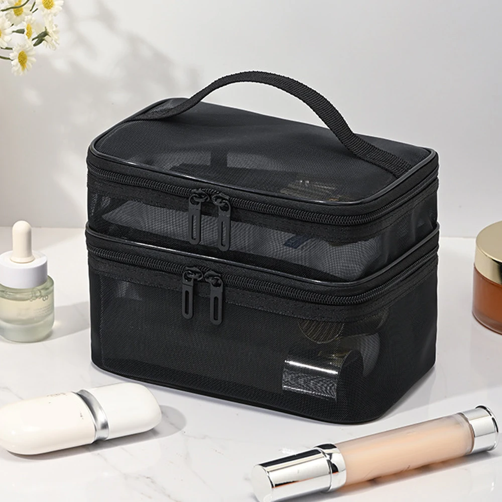 Double-Layer Transparent Mesh Makeup Bag, Large Capacity Partitioned Storage Bag, Lightweight and Portable Design, Suitable for Travel and Daily Use Toiletry Bag