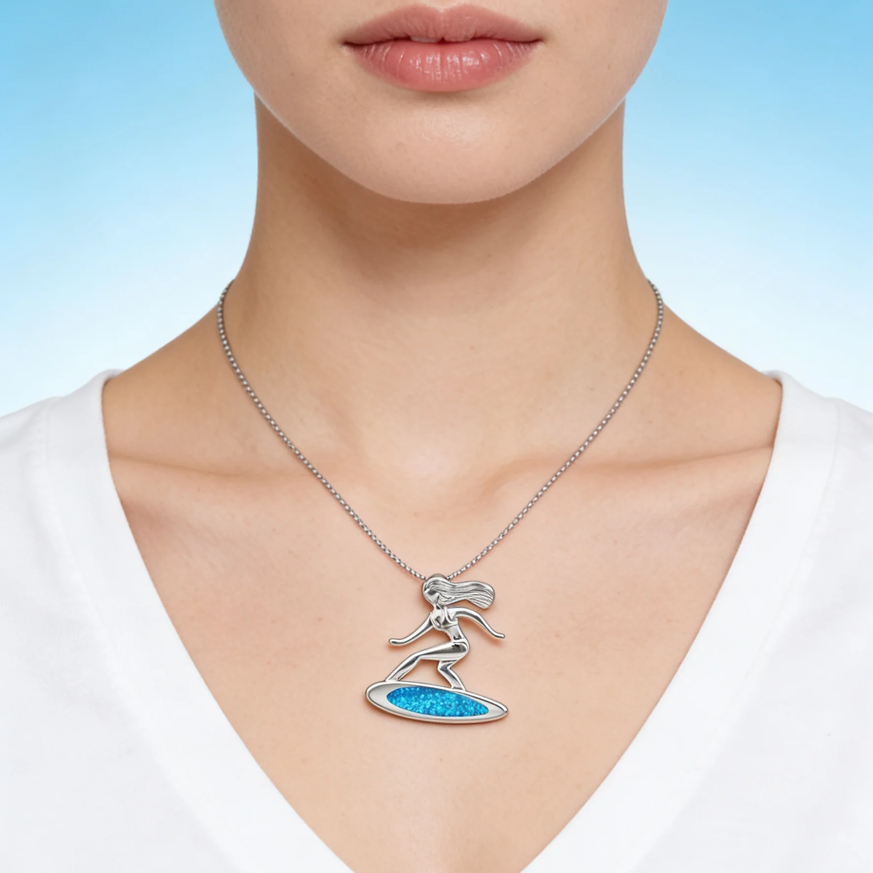 قلادة سيرفر للنساء، قلادة فضية ديناميكية مع أوبال صناعية زرقاء، هدية مجوهرات ركوب الأمواج بسيطة لمحبي الشاطئ