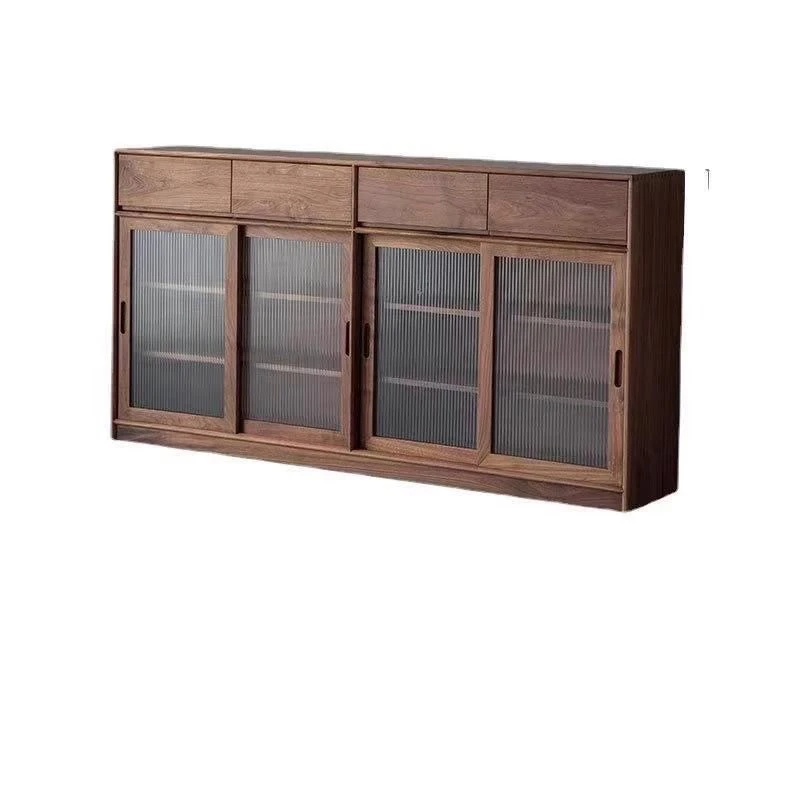 Black walnut solid wood dining side home, double open Changhong glass cabinet modern, integrated storage