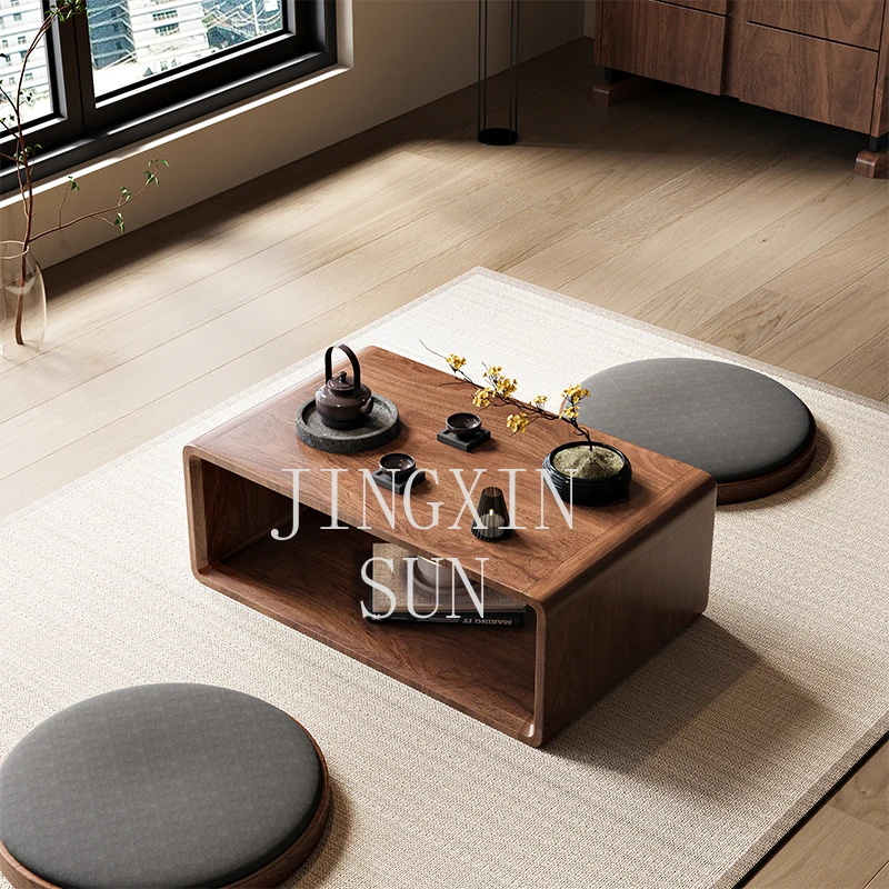Italian solid wood bay window coffee table Japanese tatami simple low table black walnut balcony