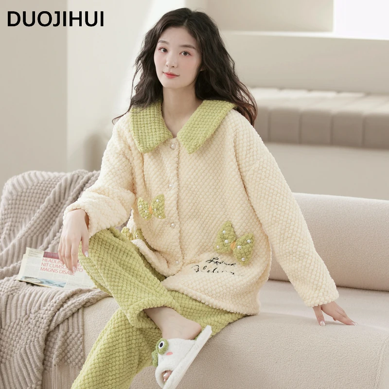 DUOJIHUI Korean Fashion Long Sleeves Cardigan Casual Women's Pajamas Set Winter Loose Simple Contrast Color Female Sleepwear Set