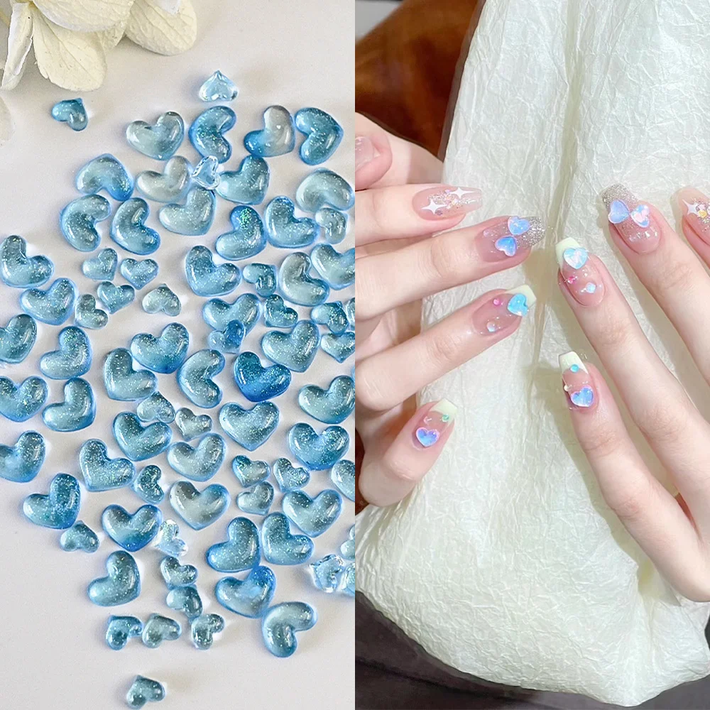 

100pcs Aurora Blue Heart Nail Art Parts 3D Ice-Clear Fine flash Resin Love Nail Charms 6Color Glitter Mixed FlatBack Nail Access